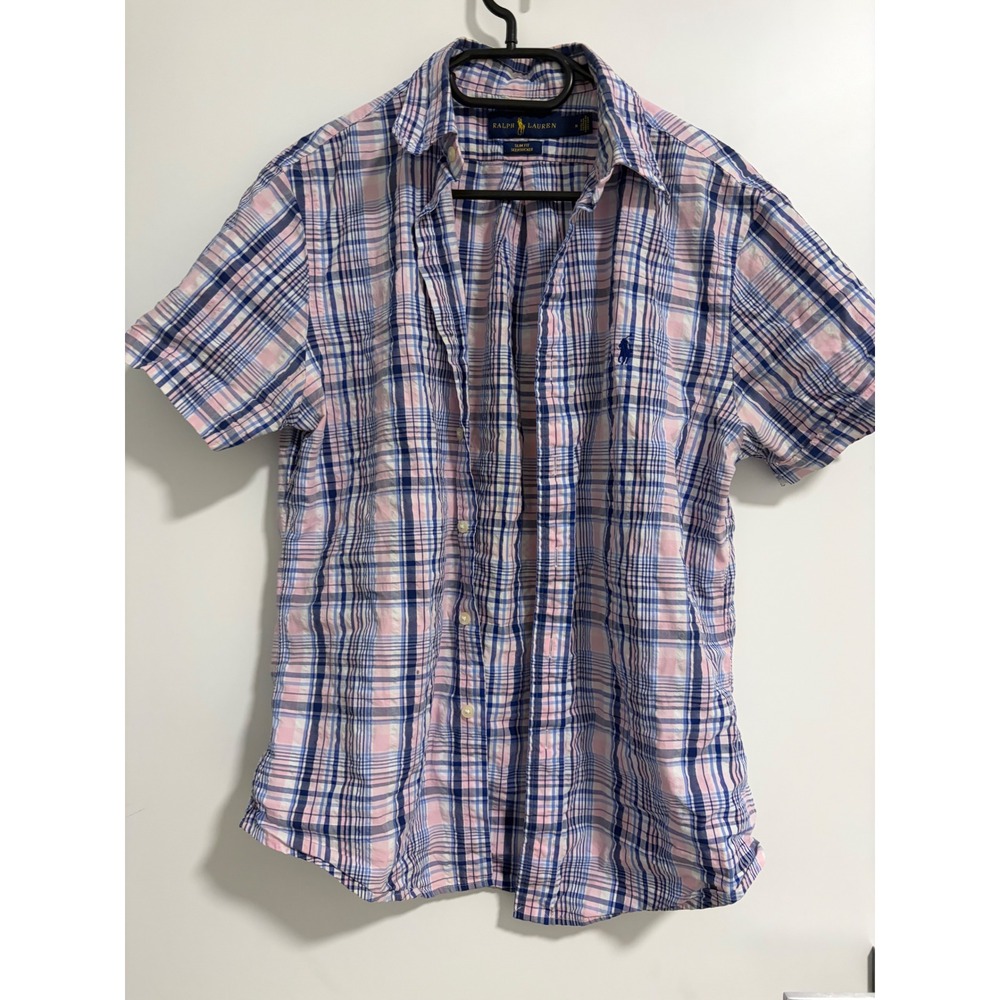 Ralph Lauren Mens Slim Fit Seersucker Plaid Short Sleeve Shirt Pink Blue Size M